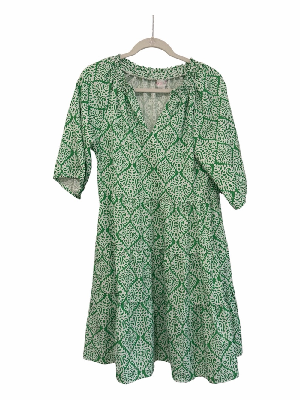 Top it Off Women’s Green Patterned V-Neck Midi Dress Size Small 4 6 babydoll